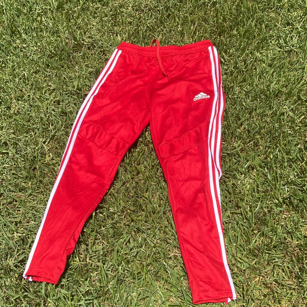 Adidas Kids Red Joggers with White Stripes